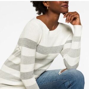 Market & Spruce Sweater Women’s Medium Striped Knit Boat Neck White Gray XL